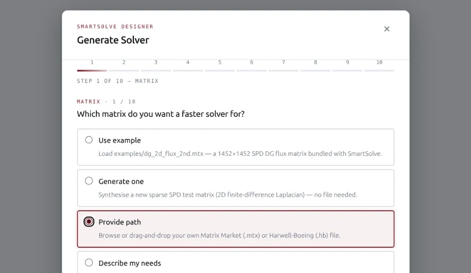 Wizard step 1 of 10, Matrix: which matrix do you want a faster solver for?