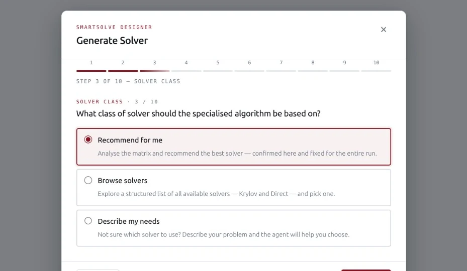 Wizard step 3 of 10, Solver class: what class of solver should the specialised algorithm be based on?