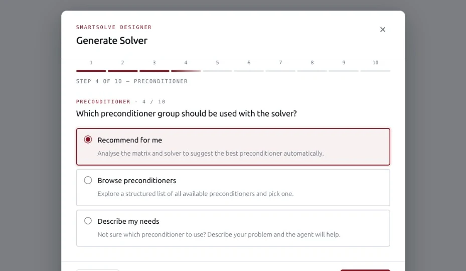 Wizard step 4 of 10, Preconditioner: which preconditioner group should be used with the solver?