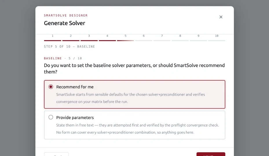 Wizard step 5 of 10, Baseline: set the baseline solver parameters, or let SmartSolve recommend them.