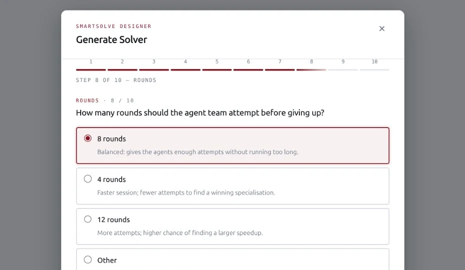 Wizard step 8 of 10, Rounds: how many rounds should the agent team attempt before giving up?