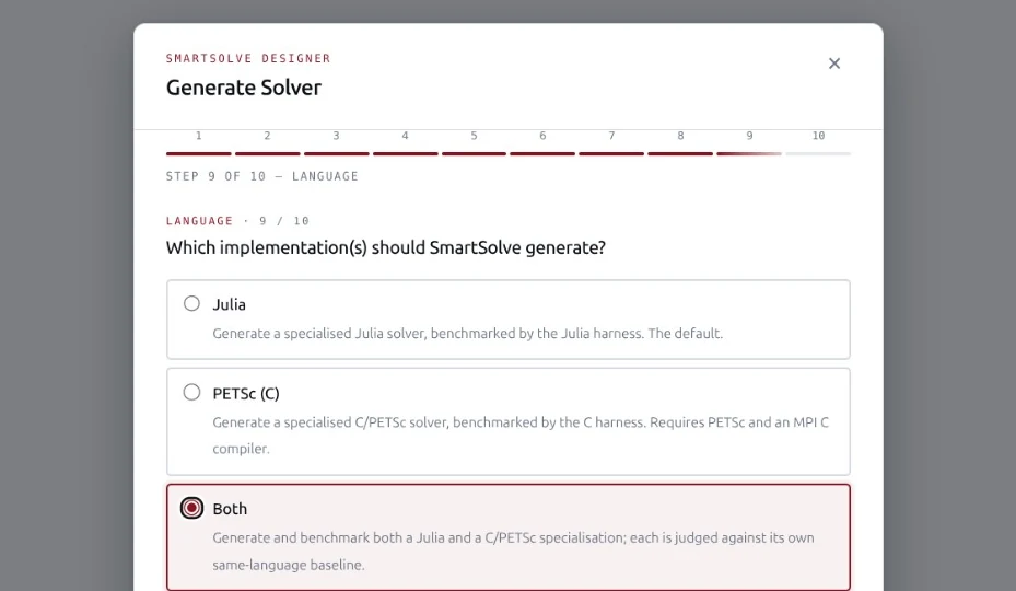 Wizard step 9 of 10, Language: which implementations should SmartSolve generate?