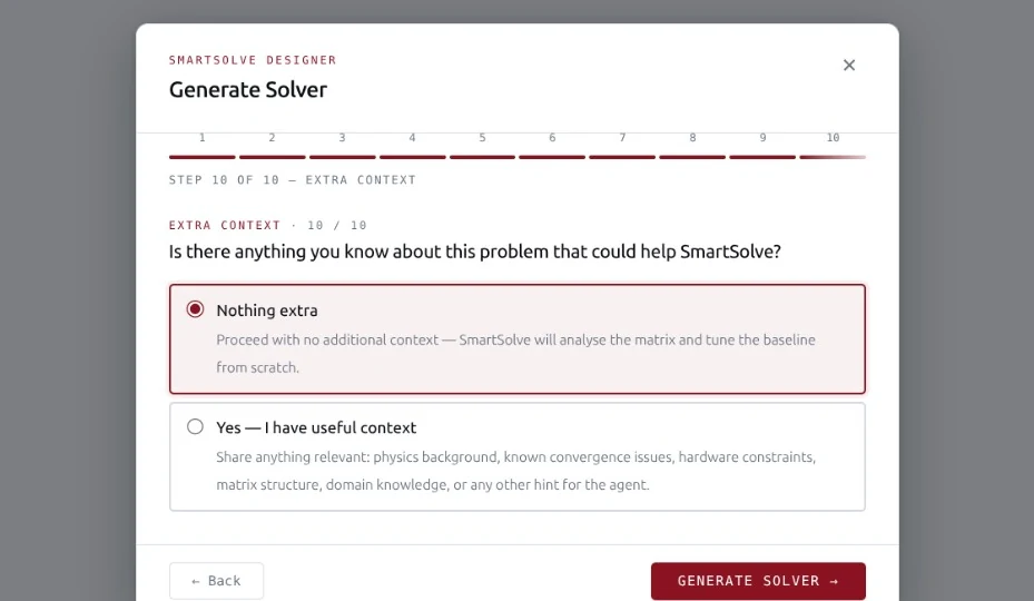 Wizard step 10 of 10, Extra context: is there anything you know about this problem that could help SmartSolve?
